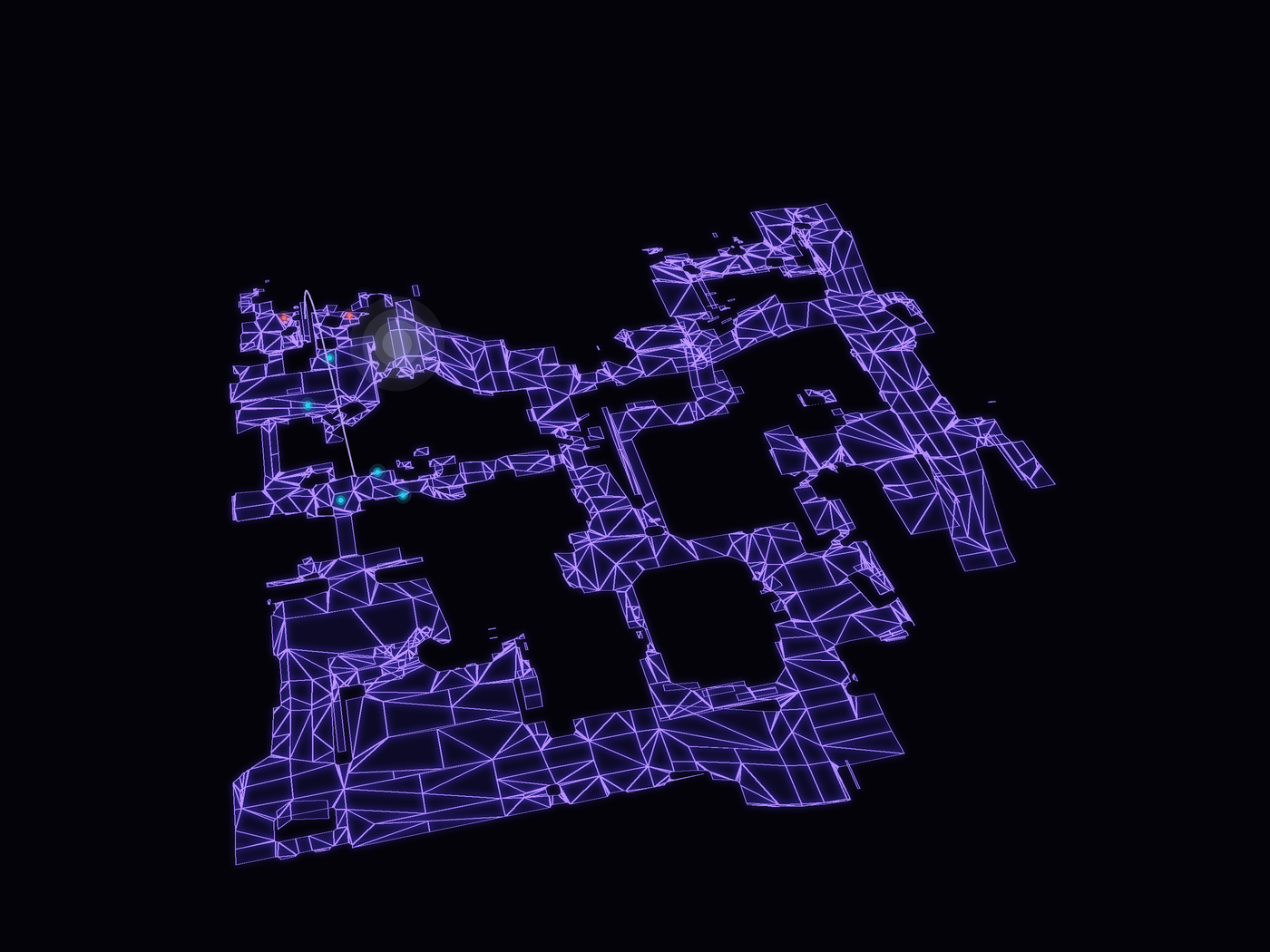 Holographic tactical map of Dust II built from the map's real walkable-area data, with player positions and a smoke bloom at B site